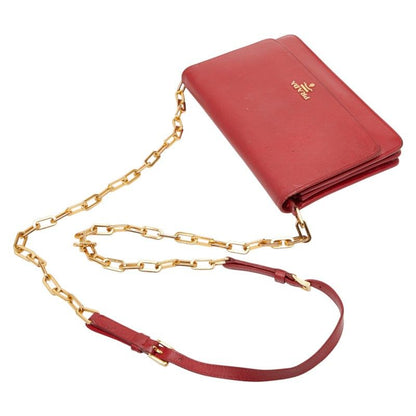 Prada Logo Chain Wallet Shoulder Bag 1 M1361 Red Gold Saffiano Leather Women's