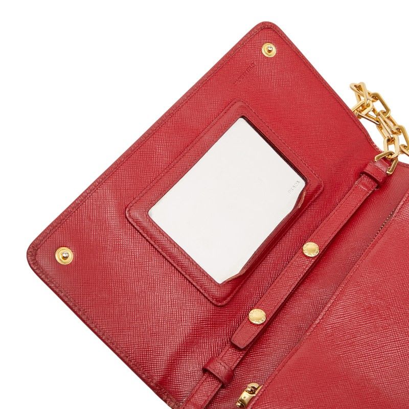 Prada Logo Chain Wallet Shoulder Bag 1 M1361 Red Gold Saffiano Leather Women's