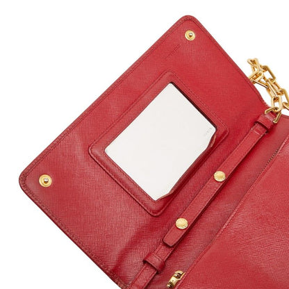 Prada Logo Chain Wallet Shoulder Bag 1 M1361 Red Gold Saffiano Leather Women's