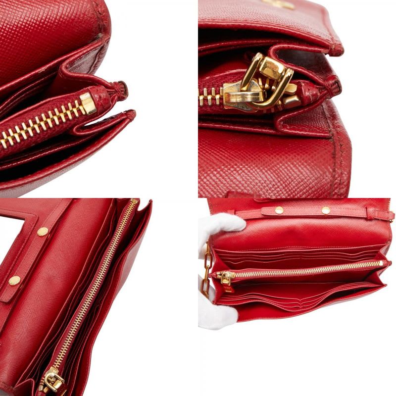 Prada Logo Chain Wallet Shoulder Bag 1 M1361 Red Gold Saffiano Leather Women's