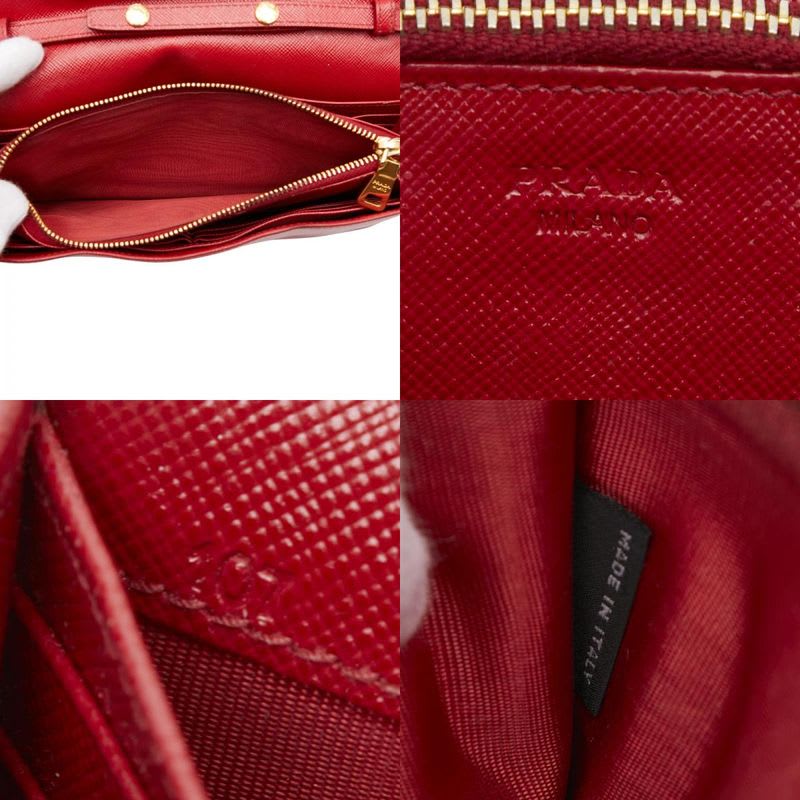 Prada Logo Chain Wallet Shoulder Bag 1 M1361 Red Gold Saffiano Leather Women's