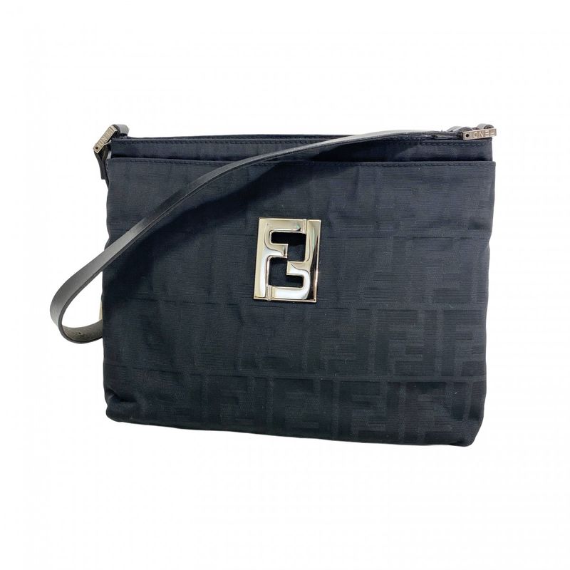 Fendi Shoulder Bag Zucca Nylon Canvas Black Silver Hardware Ladies