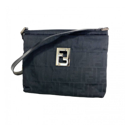 Fendi Shoulder Bag Zucca Nylon Canvas Black Silver Hardware Ladies