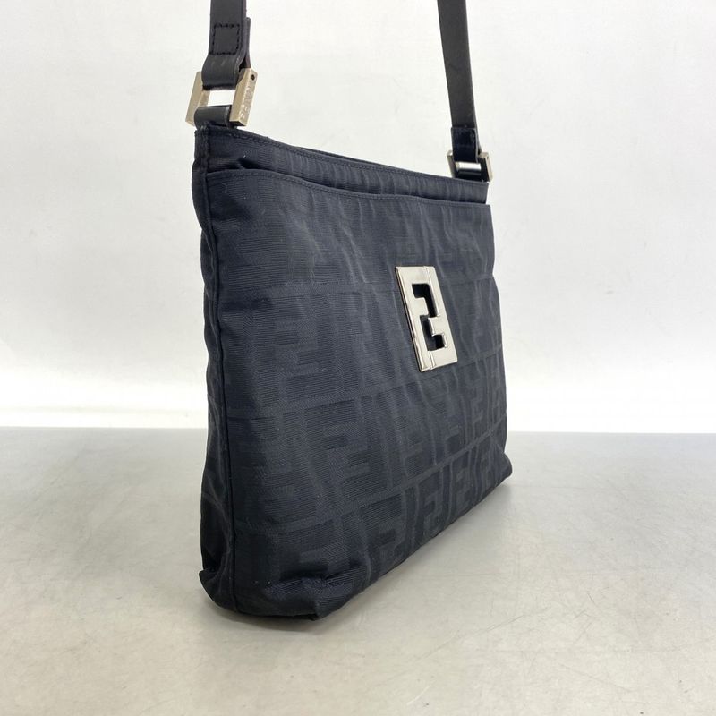 Fendi Shoulder Bag Zucca Nylon Canvas Black Silver Hardware Ladies