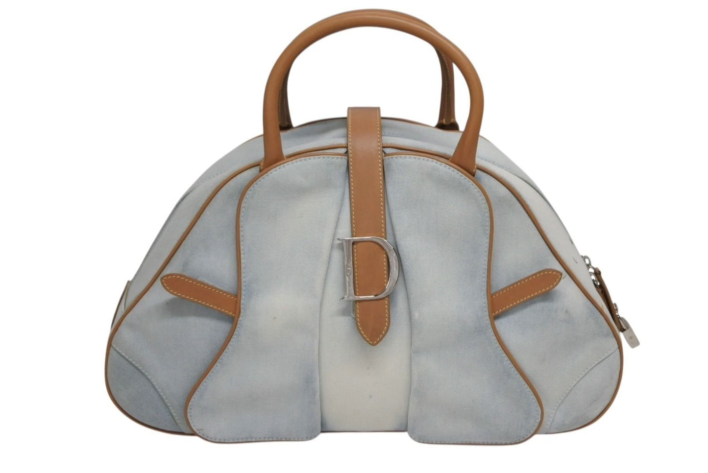 Dior Double Saddle Bowler Bag Handbag Denim Leather Blue Brown