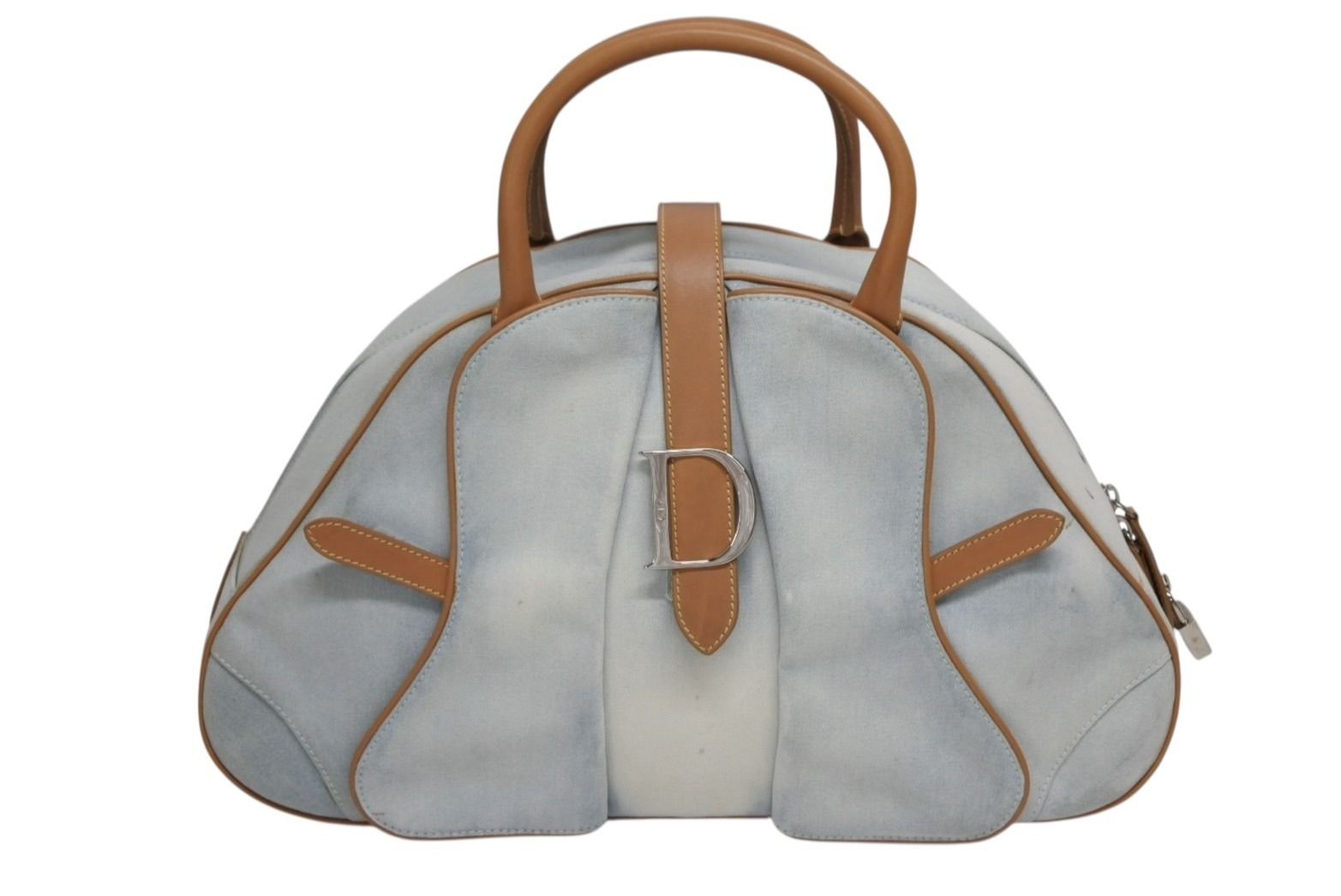 Dior Double Saddle Bowler Bag Handbag Denim Leather Blue Brown