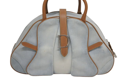 Dior Double Saddle Bowler Bag Handbag Denim Leather Blue Brown — view 2