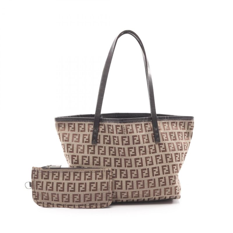 Fendi Tote Bag Zucchino 8bh056 Brown Dark Brown Canvas Leather Zucchino Mini