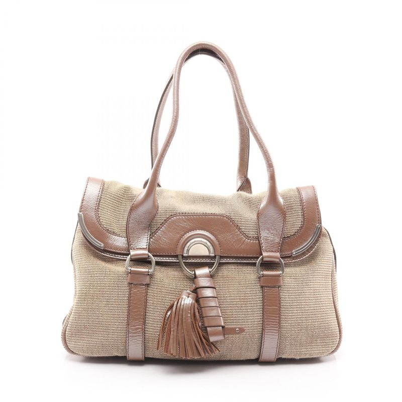 Celine Shoulder Bag Beige Brown Canvas Leather Tote Bag Women's Used B