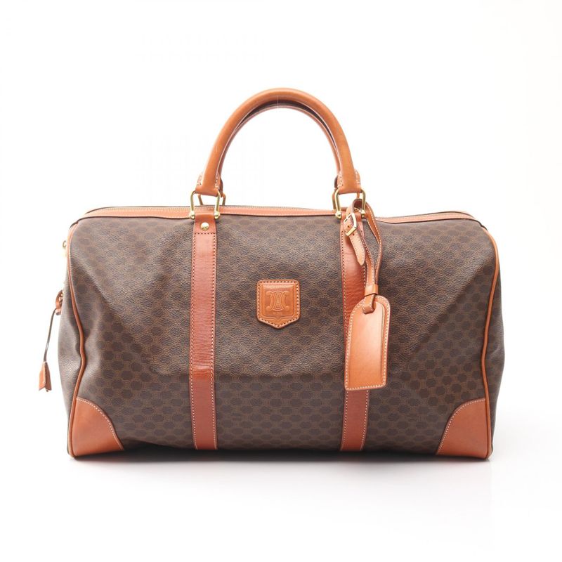 Celine Boston Bag Macadam Dark Brown PVC Coated Canvas Leather Macadam Boston