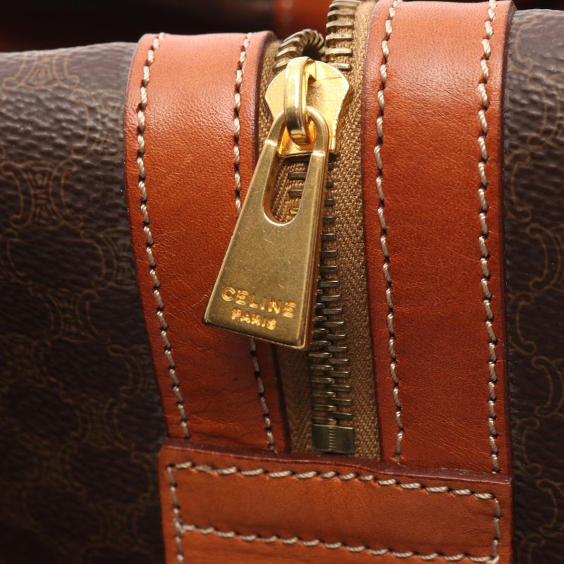 Celine Boston Bag Macadam Dark Brown PVC Coated Canvas Leather Macadam Boston