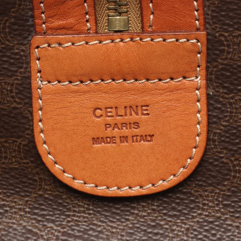 Celine Boston Bag Macadam Dark Brown PVC Coated Canvas Leather Macadam Boston