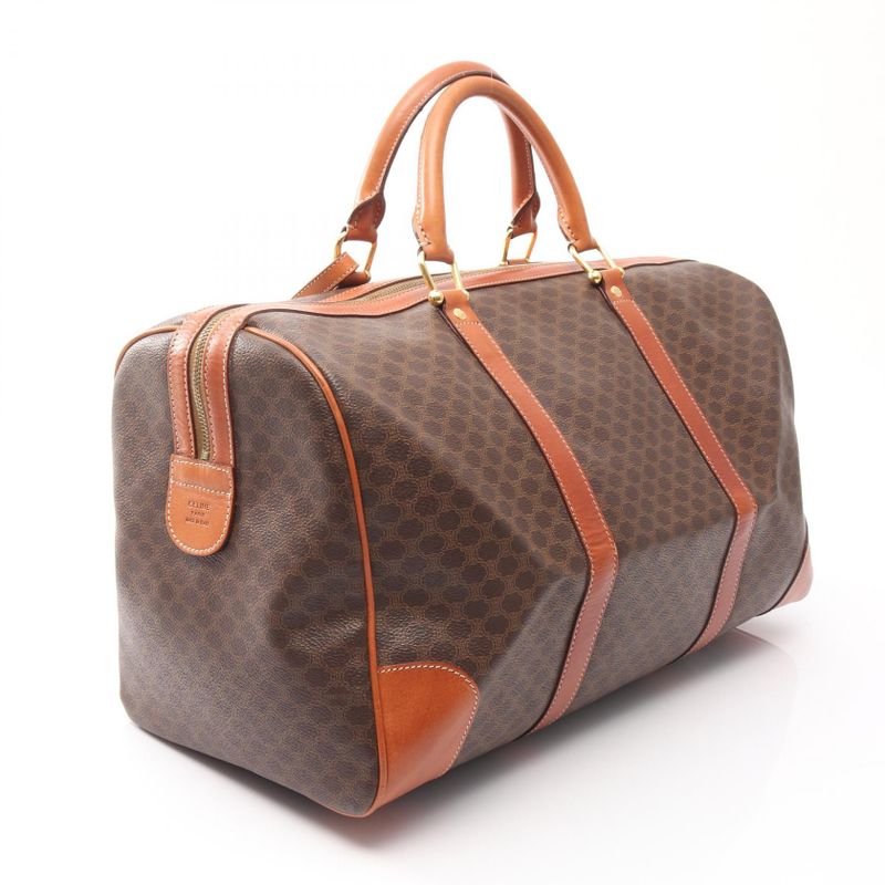 Celine Boston Bag Macadam Dark Brown PVC Coated Canvas Leather Macadam Boston