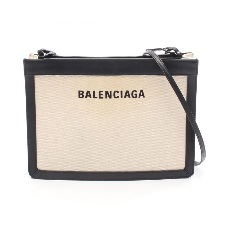 Balenciaga Shoulder Bag Navy Pochette 339937 Natural Canvas Leather Navy