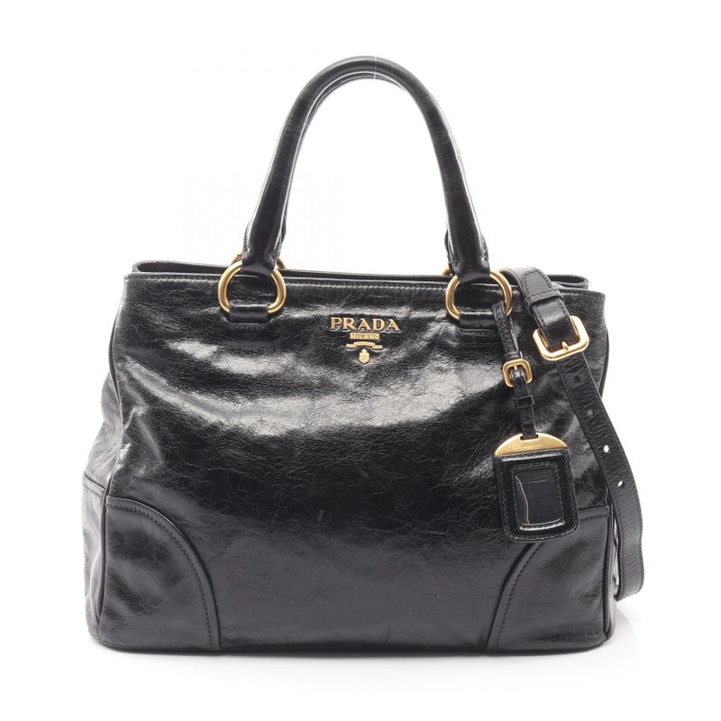 Prada Handbag Black Leather Logo 2way Shoulder Ladies Used A