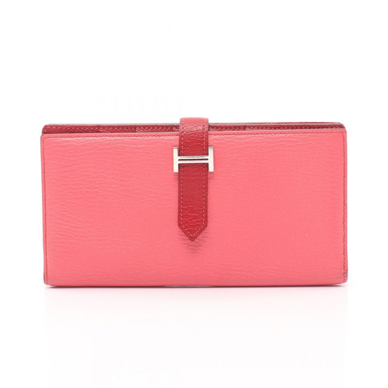 Hermes Bifold Long Wallet Bearn Souffle Rose Lipstick Rouge Leather Bearn