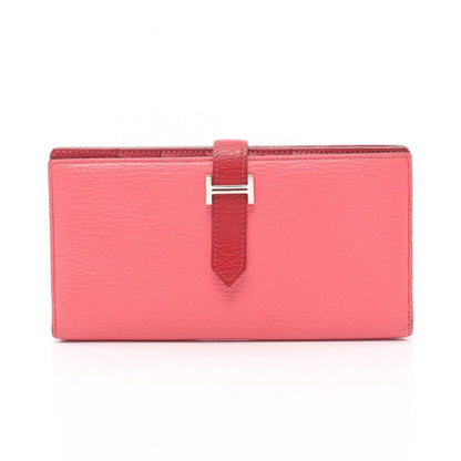 Hermes Bifold Long Wallet Bearn Souffle Rose Lipstick Rouge Leather Bearn