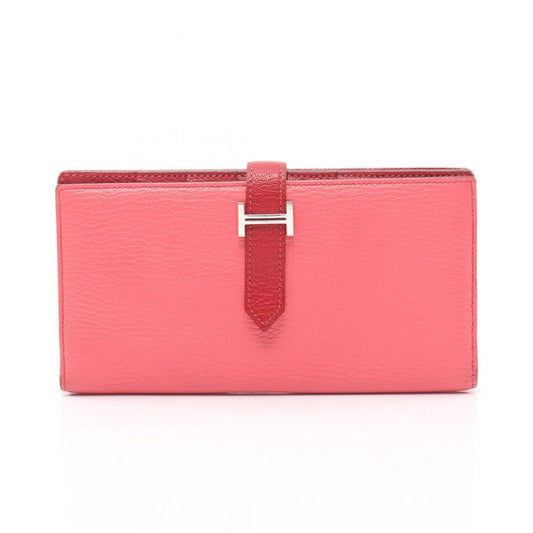 Hermes Bifold Long Wallet Bearn Souffle Rose Lipstick Rouge Leather Bearn