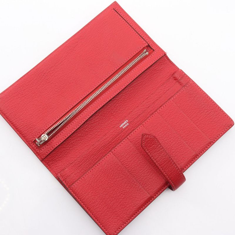 Hermes Bifold Long Wallet Bearn Souffle Rose Lipstick Rouge Leather Bearn