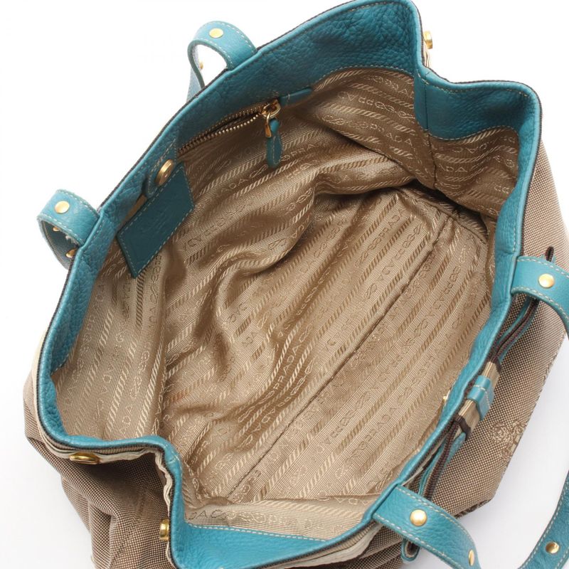 Prada Tote Bag Logo Jacquard Beige Blue Canvas Leather Logo Jacquard Tote Bag