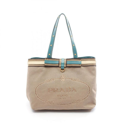 Prada Tote Bag Logo Jacquard Beige Blue Canvas Leather Logo Jacquard Tote Bag