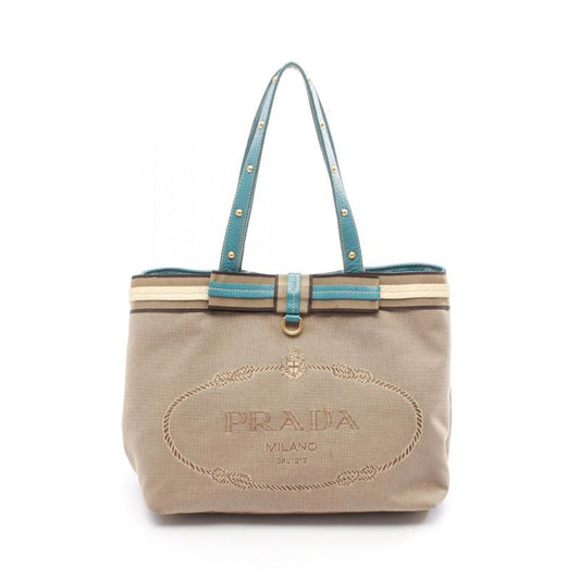 Prada Tote Bag Logo Jacquard Beige Blue Canvas Leather Logo Jacquard Tote Bag