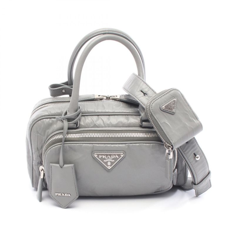 Prada Handbag Gray Leather Triangle Logo 2way Shoulder Ladies Used B