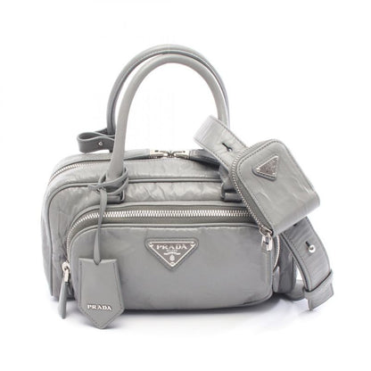 Prada Handbag Gray Leather Triangle Logo 2way Shoulder Ladies Used B