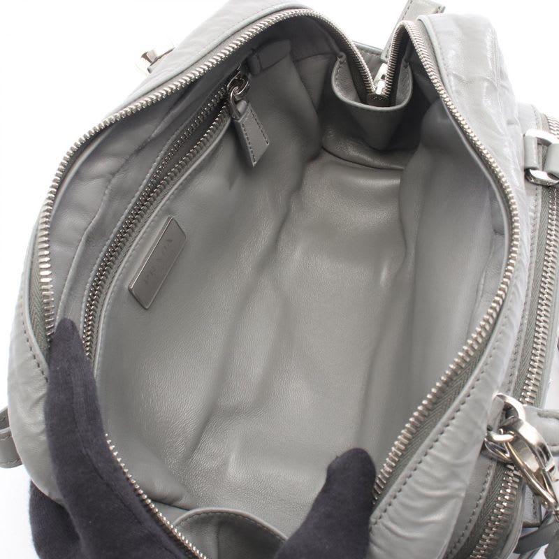 Prada Handbag Gray Leather Triangle Logo 2-Way Shoulder Ladies
