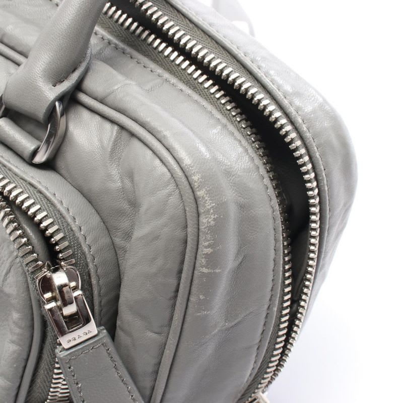 Prada Handbag Gray Leather Triangle Logo 2-Way Shoulder Ladies