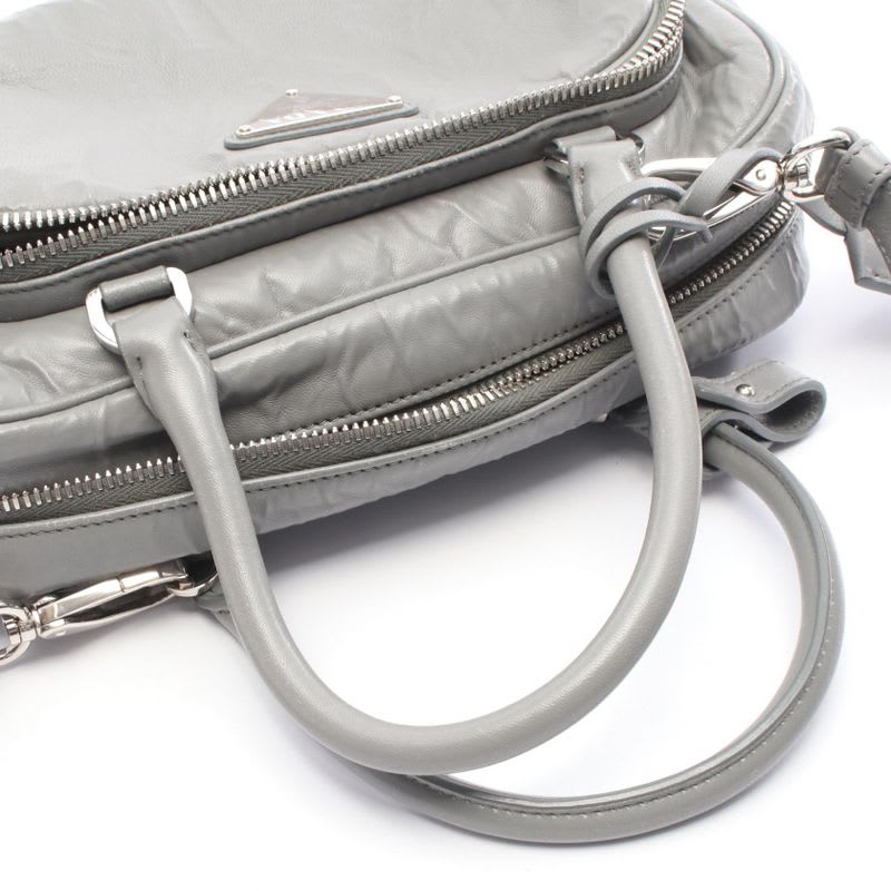Prada Handbag Gray Leather Triangle Logo 2-Way Shoulder Ladies