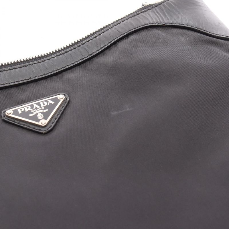 Prada Shoulder Bag Black Nylon Leather Triangle Logo Shoulder Bag Women's Used B