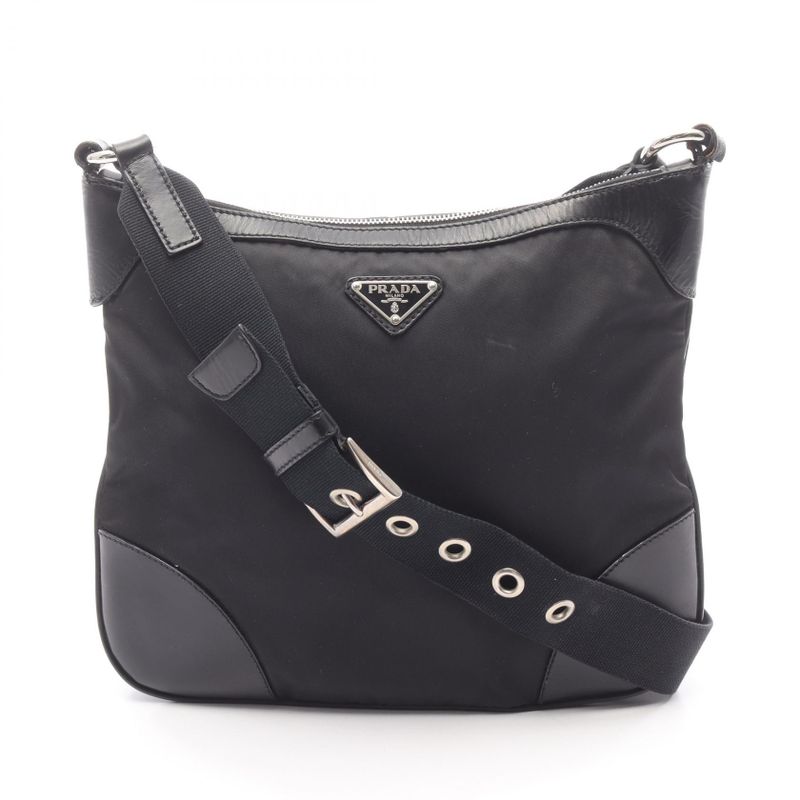 Prada Shoulder Bag Black Nylon Leather Triangle Logo Shoulder Bag Women's Used B