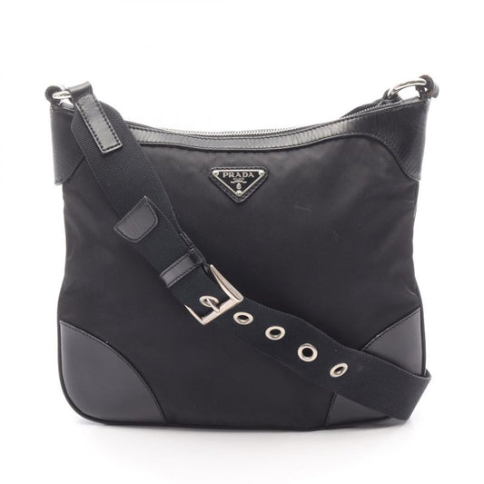 Prada Shoulder Bag Black Nylon Leather Triangle Logo Shoulder Bag Women's Used B