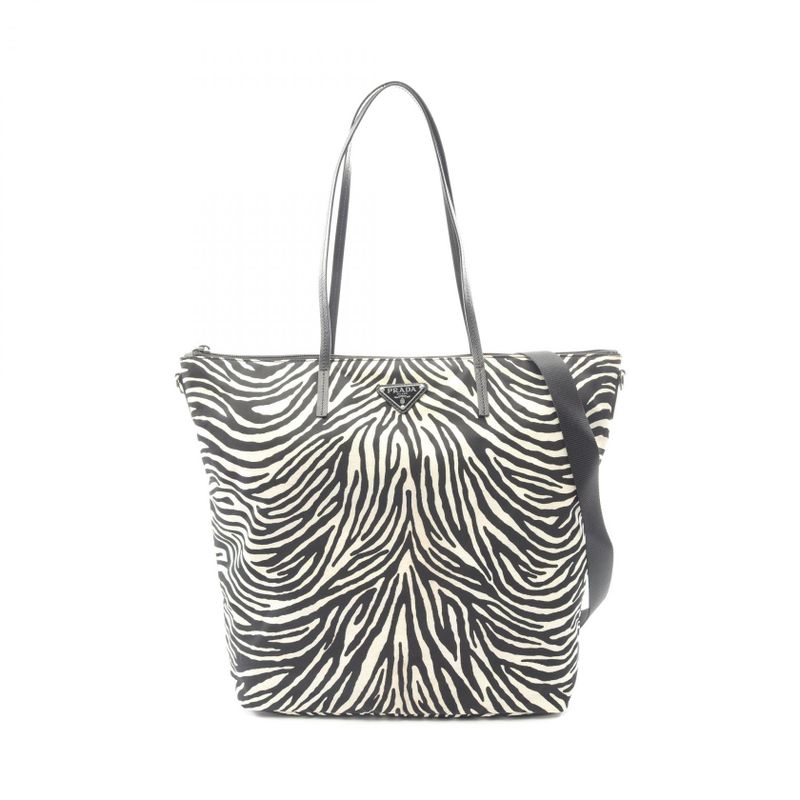 Prada Tote Bag Tessuto Stampat 1bg189 Zebra Nylon Saffiano Leather Triangle