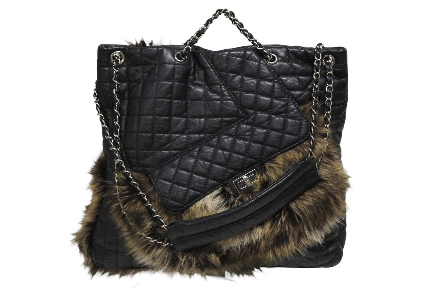 Chanel 2-Way Bag 2.55 CC Logo Calfskin Faux Fur Black Silver