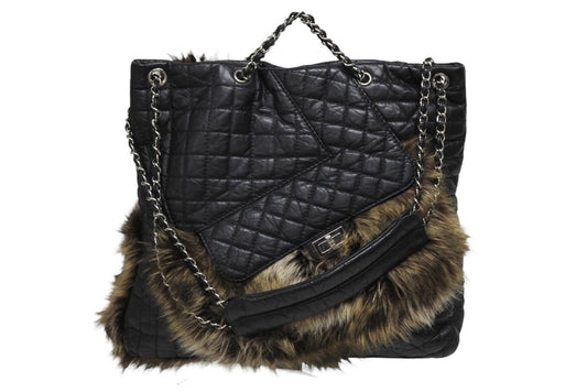 Chanel 2-Way Bag 2.55 CC Logo Calfskin Faux Fur Black Silver