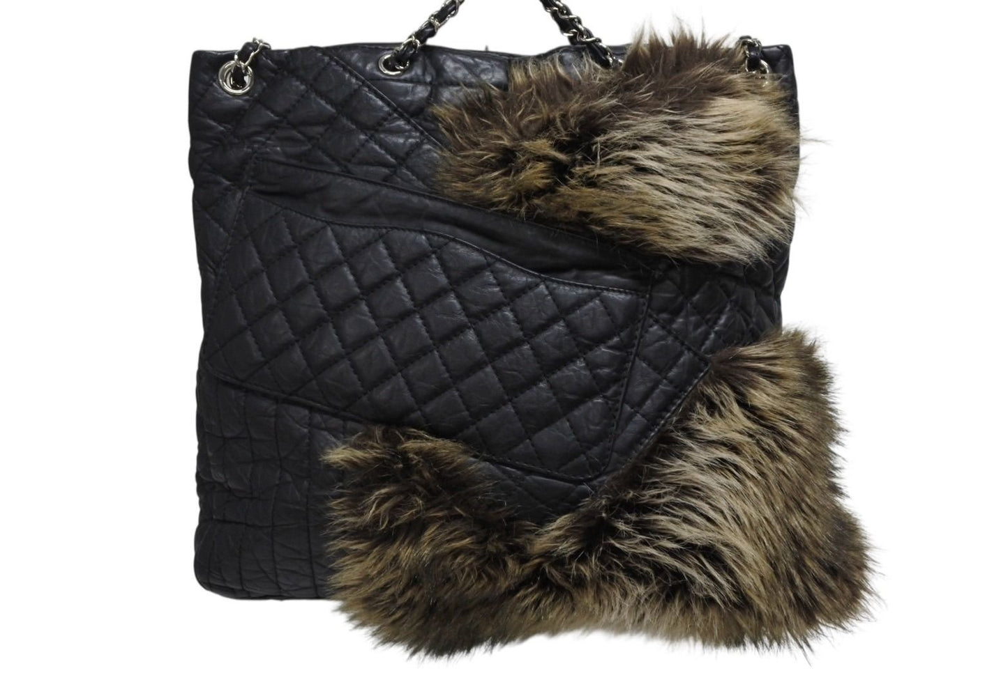 Chanel 2-Way Bag 2.55 CC Logo Calfskin Faux Fur Black Silver — view 2
