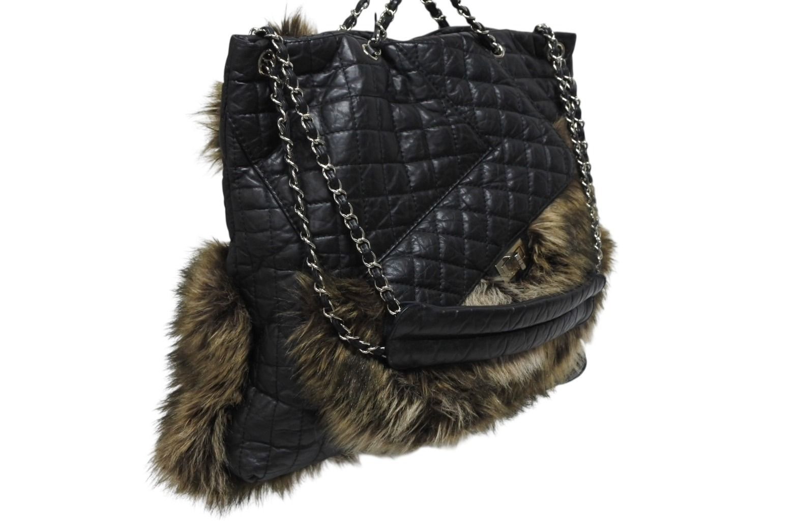 Chanel 2-Way Bag 2.55 CC Logo Calfskin Faux Fur Black Silver — view 3