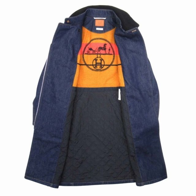 21aw Hermes Shearling Color Leather Combination Denim Long Coat Serie Button
