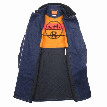 21aw Hermes Shearling Color Leather Combination Denim Long Coat Serie Button