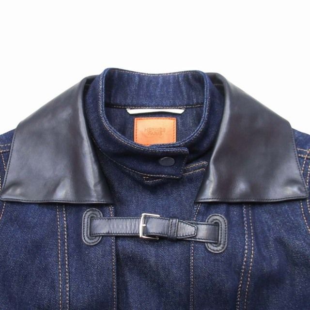 21aw Hermes Shearling Color Leather Combination Denim Long Coat Serie Button