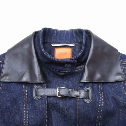 21aw Hermes Shearling Color Leather Combination Denim Long Coat Serie Button