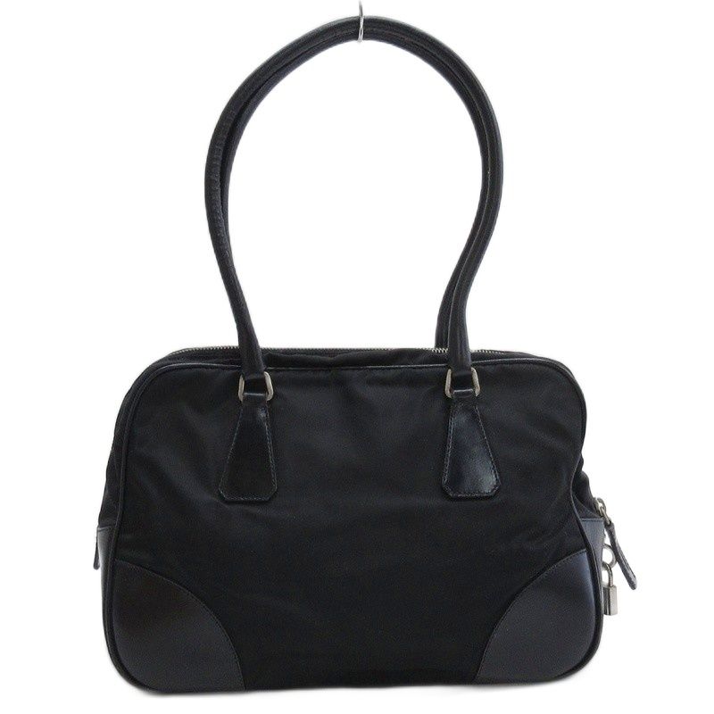 Prada Triangle Plate One Shoulder Bag Nylon Leather Black