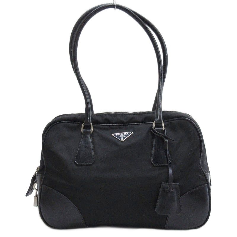 Prada Triangle Plate One Shoulder Bag Nylon Leather Black