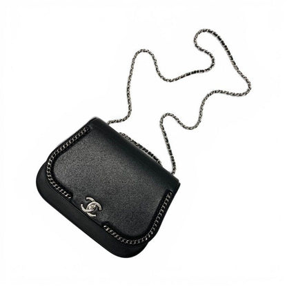 Chanel Bag Shoulder Leather Black Silver Turnlock Chain