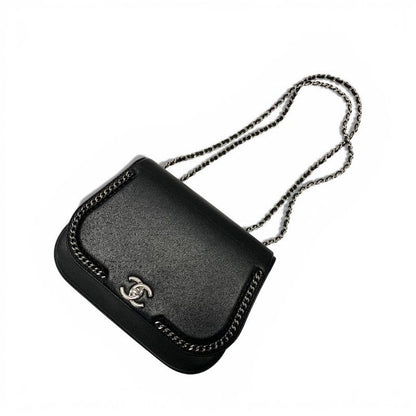 Chanel Bag Shoulder Leather Black Silver Turnlock Chain