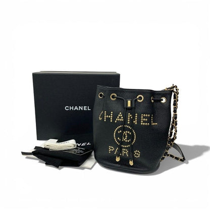 Chanel Bag Shoulder Caviar Leather Black Gold Deauville Logo Studs