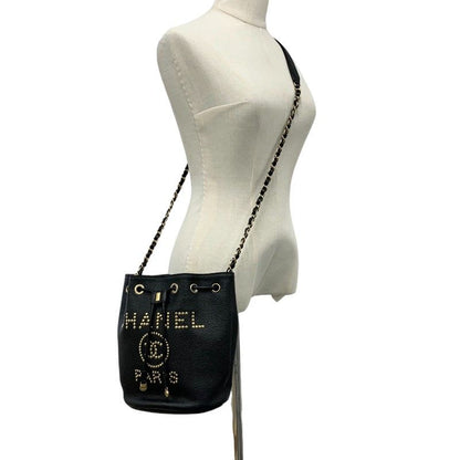 Chanel Bag Shoulder Caviar Leather Black Gold Deauville Logo Studs