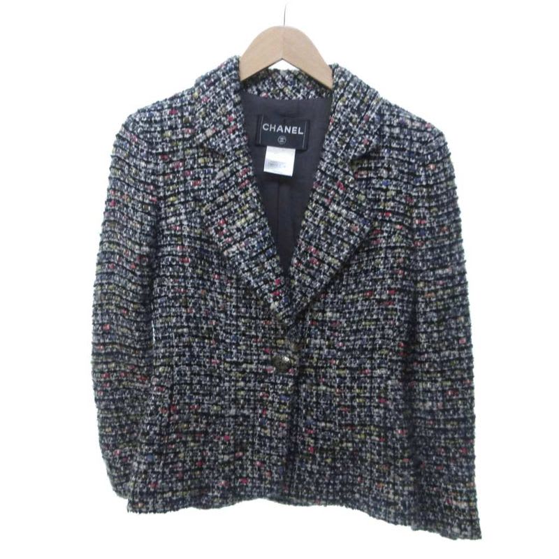 Chanel Mixed Tweed Setup Jacket Skirt Coco Mark Mouton Switching Multicolor 34